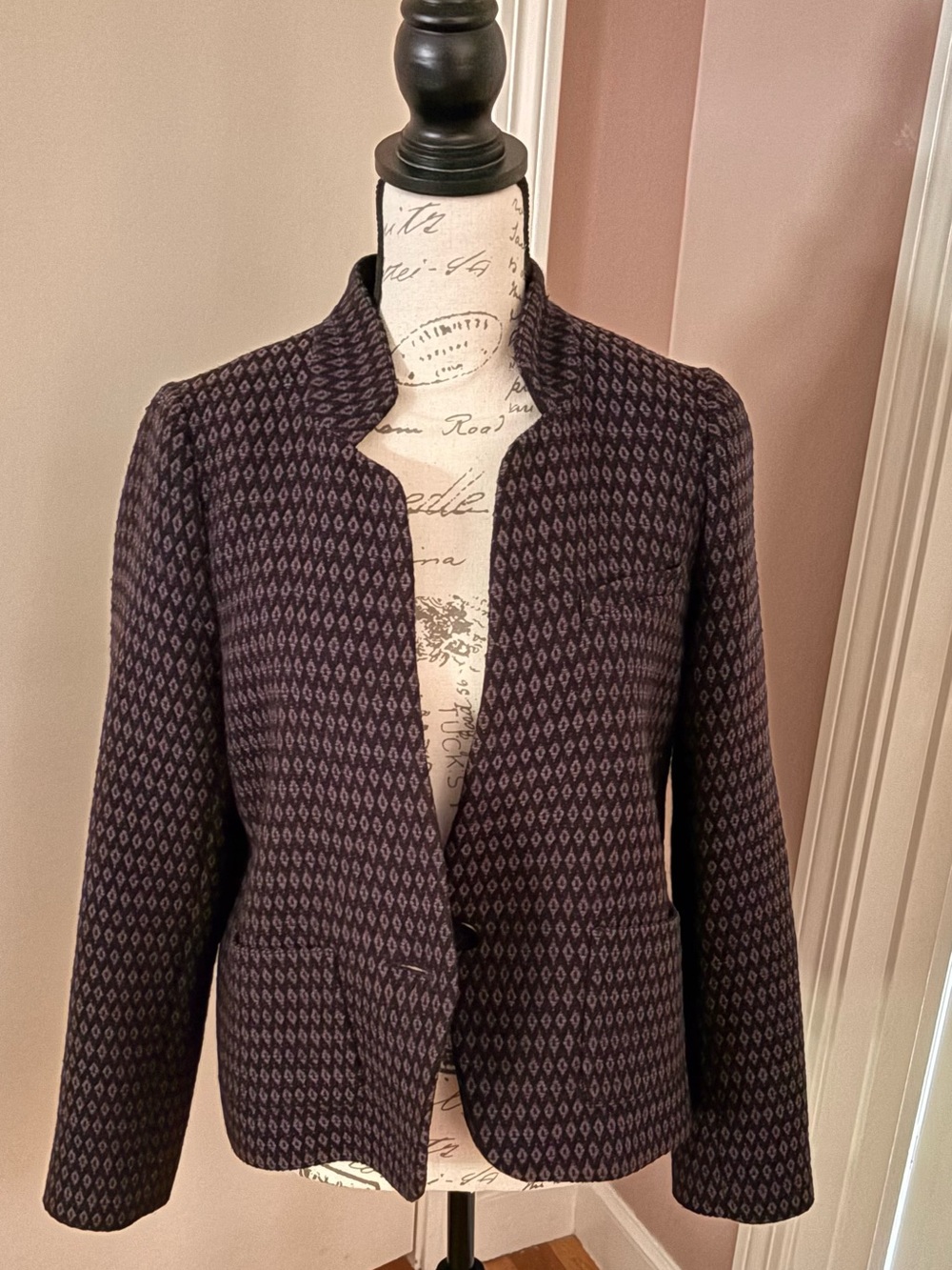 Comptoir Des Cotonniers Navy and Black Patterned Stand-Collar Blazer